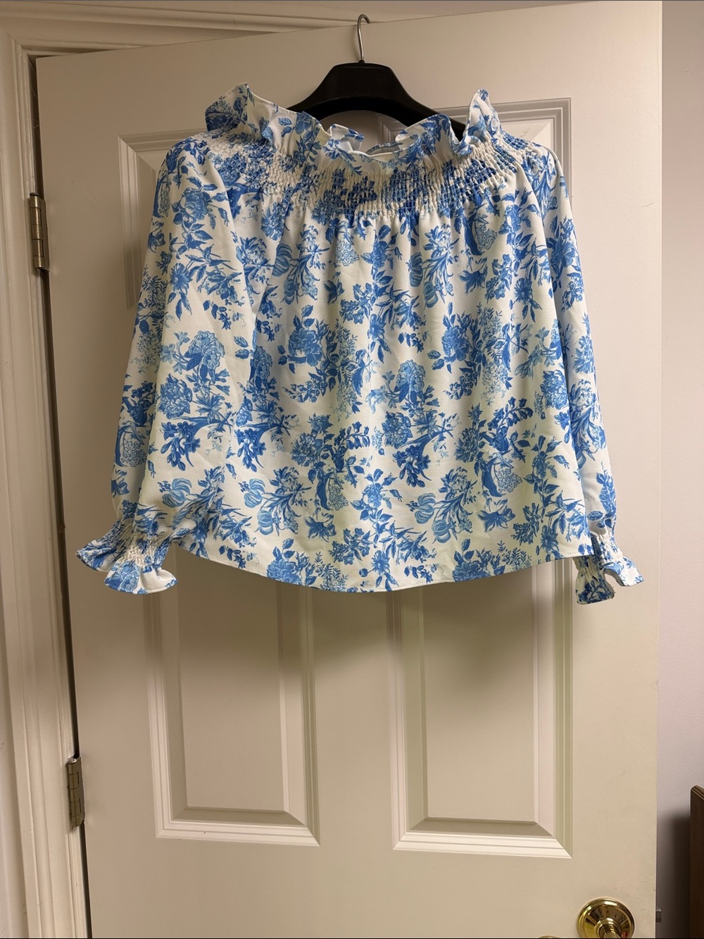 Tuckernuck White Blouse with Blue Floral Smocked Neckline